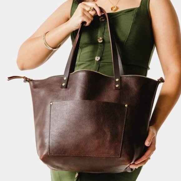 Portland Leather Goods Brown Coldbrew Oversized Zip Leather Tote Bag - Picture 1 of 16